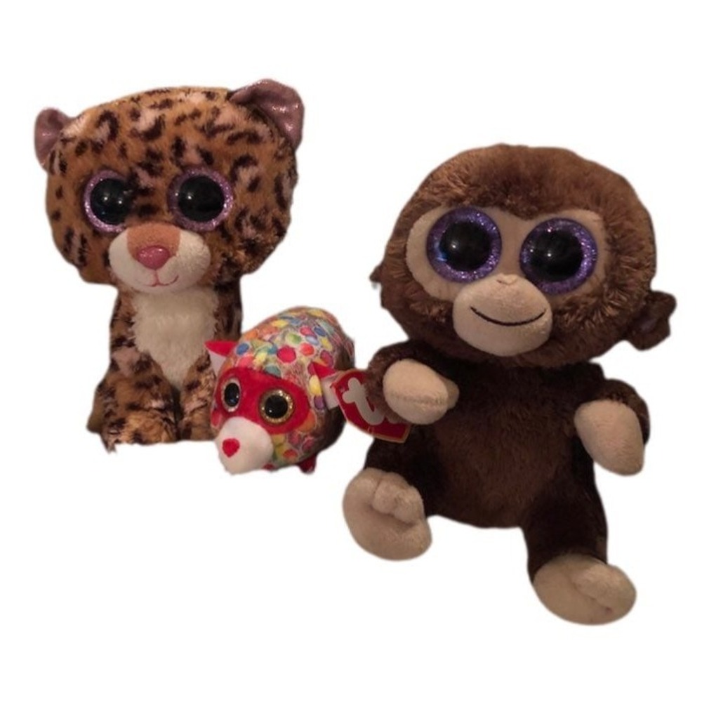 Ty Beanie Boos Plush Lot Coconut Monkey Patchy Leopard Teeny Ty Dotty 3pc Bundle